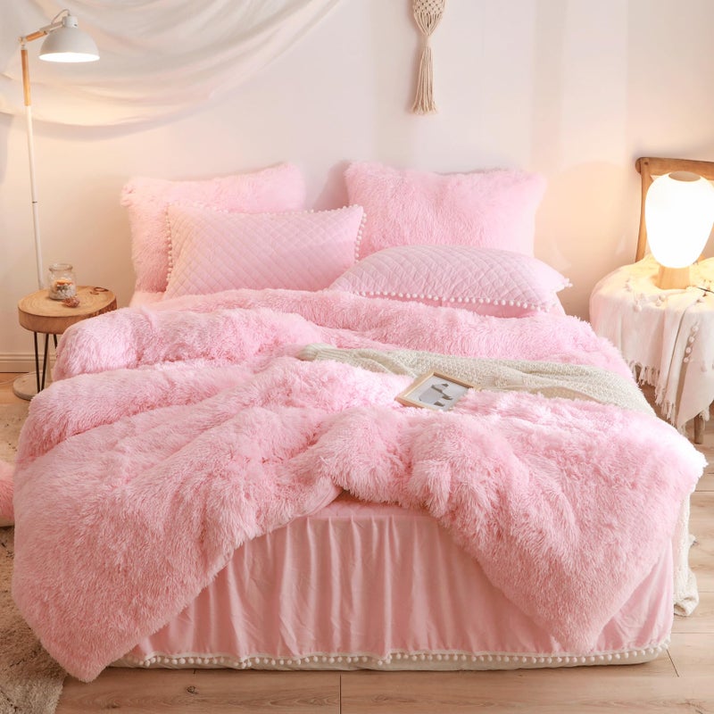HAIHUA Fluffy Pink Comforter Cover Queen Set, Soft Furry Shaggy Pink Bedding Queen Set 3 Pieces (1 Fuzzy Duvet Cover + 2 Faux Fur Pillow Cases) Fluffy Bed Set, Zipper Closure - Image 1